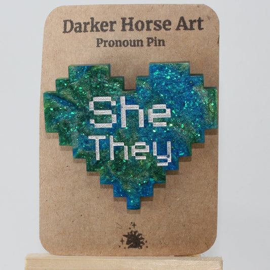 She/They - Pixel Heart Pronoun Pin