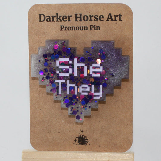 She/They - Pixel Heart Pronoun Pin